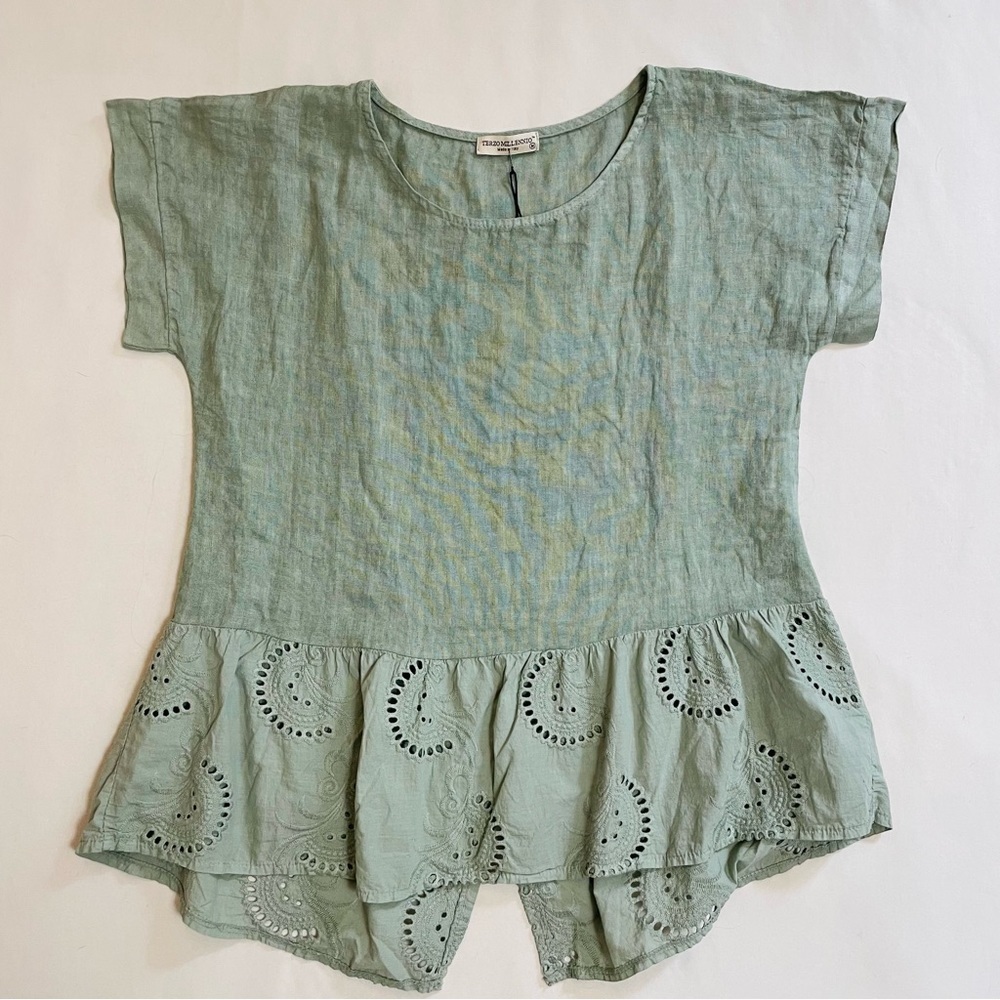 NWT New Terzo Millennio Sage Eyelet-trim Linen Top Made in Italy Size L - Picture 5 of 11